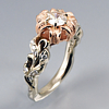 Diamond set in rose gold, style of “Michigan Lily” delicate hand engraved organic motifs 14k two-tone gold engagement ring